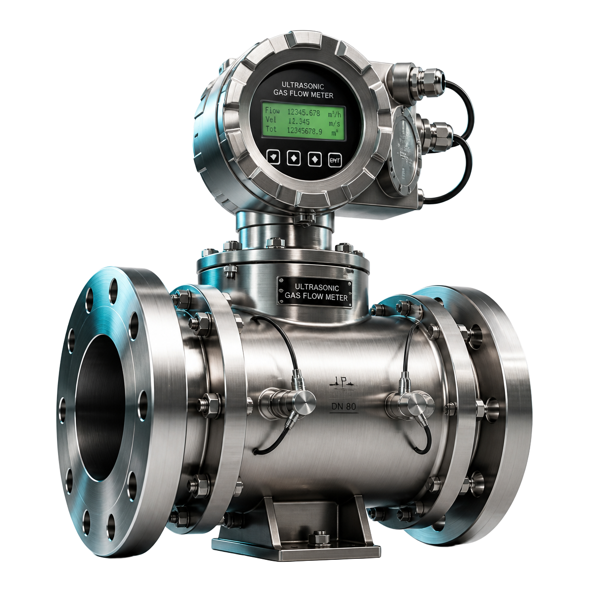 Ultrasonic gas flow meter with flanged spool piece and electronics head